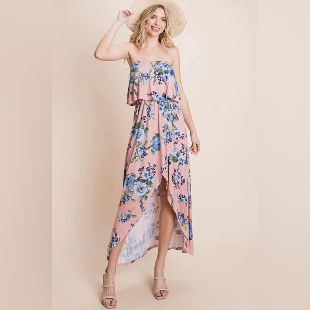 Pink Floral Strapless Dresss